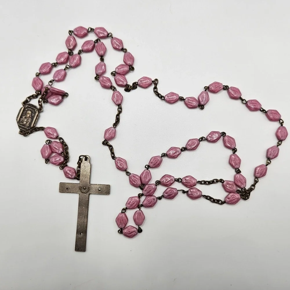 Vintage Czech Pink Glass Rosary Catholic Signed Czechoslovkia on Cross 22